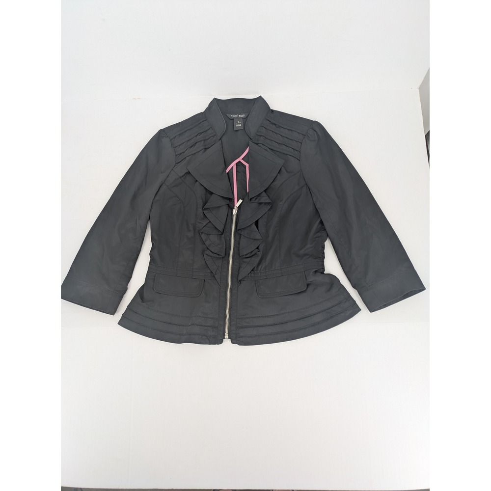 White House Black Market Jacket Women 8 Black Ruffle Zip Front 3/4 Sleeve Blazer